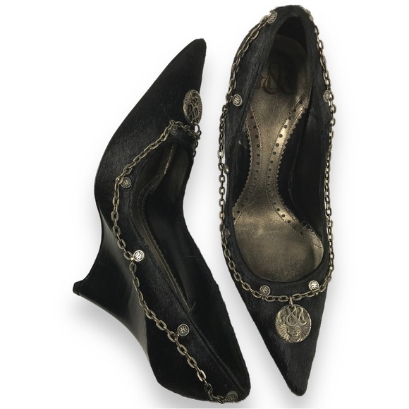 Rock & Republic Pointed Toe Fur Wrap Around Chained Logo Wedge Black Size EU 36 - Picture 6 of 15